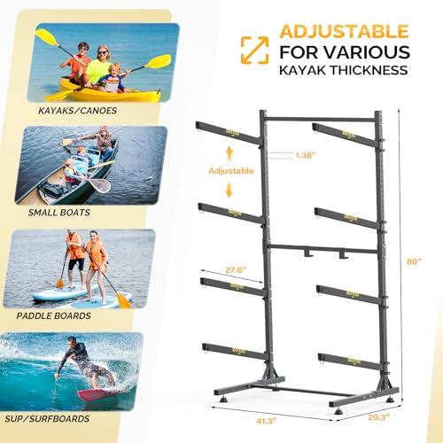 Bonnlo Kayak Storage Rack, Adjustable Heavy Duty Kayak Rack for Kayaks Paddle Boards, Kayak Paddle Holder for Garage, Spacesaver, Gentle on Padding, Boat Organizer - style: 4 Kayaks, Free Standing