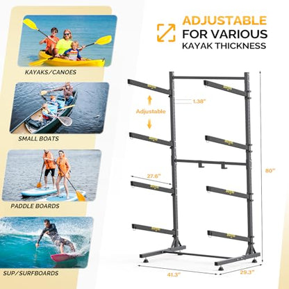 Bonnlo Kayak Storage Rack, Adjustable Heavy Duty Kayak Rack for Kayaks Paddle Boards, Kayak Paddle Holder for Garage, Spacesaver, Gentle on Padding, Boat Organizer - style: 4 Kayaks, Free Standing