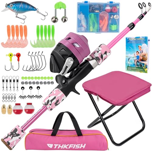 Kids Fishing Pole Set, Telescopic Fishing Rod Reel Combo Kids Starter Kit with Lures Tackle Box, Foldable Stool and Portable Bag for Boys Girls Younth - color: Pink Pole Set with Folding Stool, size: 1.2M 3.9FT