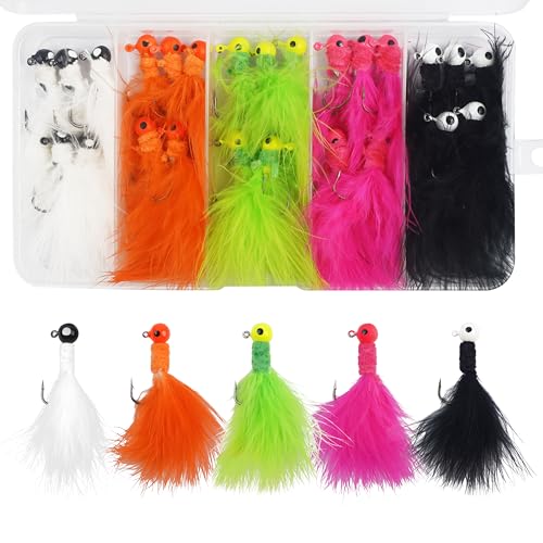Fishing Jig Heads Crappie Jigs, 25pcs Marabou Jigs Lures Round Ball Head Jig Hooks Hair Jig Feather Fishing Lures for Bass Sunfish Trout Walleye Panfish 1/8oz 1/16oz 1/32oz - size: 1/8oz-25pcs