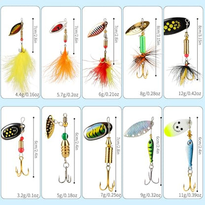 10Pcs Spinner Baits Rooster Tail Fishing Lure Kit for Bass Trout | 0.1-0.4oz 2-in-1 lure set freshwater saltwater | Spinning blade vibration flash | Solid brass sharp hooks | Bright feathers