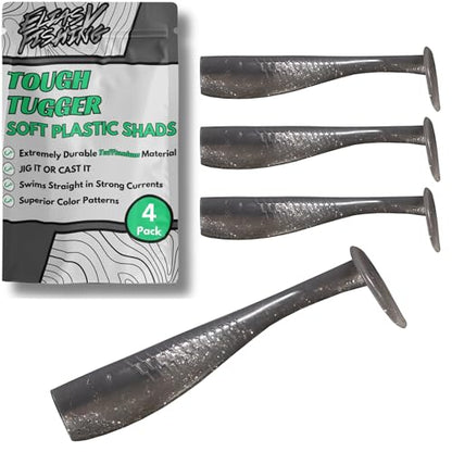 EliasV Fishing Tough Tugger Paddle Tail Swim Baits - Ultra Durable Soft Plastic Paddletail TuffTanium Swimbaits for Bass Fishing - color: Smooth Shad (4 Pack), size: 4.25"
