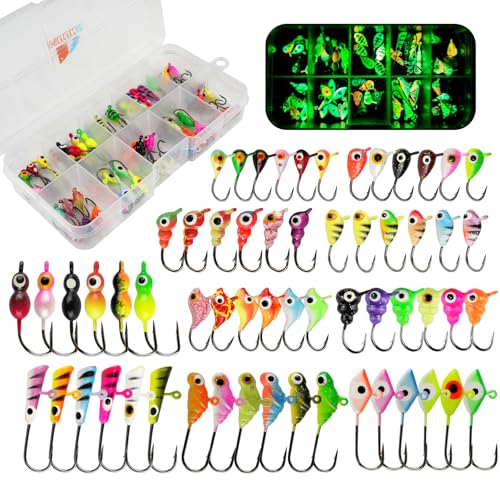 Ice Fishing Jigs Kit, 36/60/100pcs Micro Jig Heads Lures Hook Set for Winter Ice Jigging, Panfish, Perch, Trout, Bluegill, Walleye, Crappie Ice Fishing Lures Hooks Set with Storage Box - color: B -60pcs Ice fishing jigs (10 Style)