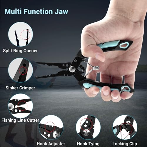 Keenjorika Multi-Function Fishing Pliers with Braided Line Cutter and Hook Remover, Ergonomic Stainless Steel Fishing Tool with Lanyard and Sheath, Outdoor Fishing Gear for Freshwater and Saltwater