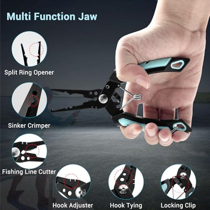 Keenjorika Multi-Function Fishing Pliers with Braided Line Cutter and Hook Remover, Ergonomic Stainless Steel Fishing Tool with Lanyard and Sheath, Outdoor Fishing Gear for Freshwater and Saltwater