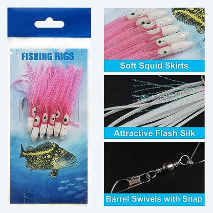 Fishing Bait Rigs Saltwater Set, 6 Packs Squid Bait Lure Rigs Surf Fishing Rigs with Glow Soft Squid Skirt Hook Swivel Snap for Freshwater Saltwater
