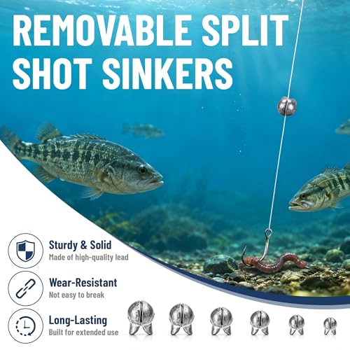 150Pcs/Box Big Size Removable Split Shot Fishing Sinkers Assorted Sizes (0.02oz, 0.04oz, 0.07oz, 0.09oz, 0.11oz, 0.12oz Mixed), Easy Open Mouth Design Fishing Weights