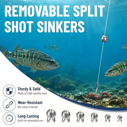 150Pcs/Box Big Size Removable Split Shot Fishing Sinkers Assorted Sizes (0.02oz, 0.04oz, 0.07oz, 0.09oz, 0.11oz, 0.12oz Mixed), Easy Open Mouth Design Fishing Weights