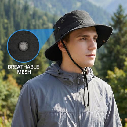 Pistha Sun Hats for Men with Balaclava Face Mask, UV Protection Bucket Hats for Mens Outdoor Fishing Safari Hiking - color: Black