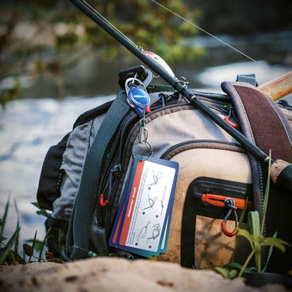 HOOK-EZE Fishing Knot Tying Tool, Waterproof Pocket Guide to 8 Essential Knots, Fly Fishing Zinger Retractor Included