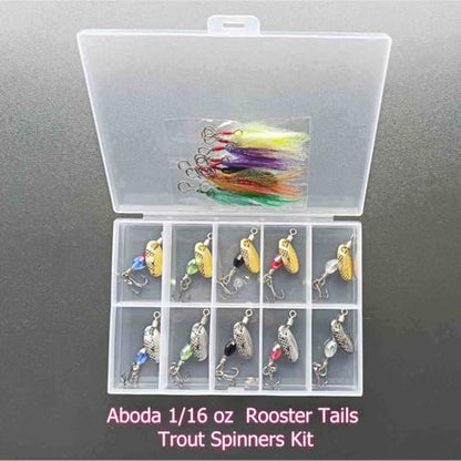 Aboda Rooster Tail Fishing Lures Kit, 10 Spinnerbaits w 16 Attachable Rooster Tails in 8 Colors, Fishing Lures for Bass Salmon Trout and Crappie - size: 1/16 oz Set