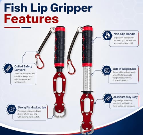 Fish Lip Gripper with Scale, Fish Control Tool Fish Grabber, Stainless Steel Fishing Pliers with Non-Slip Handle, Portable Fish Holder Tool for Saltwater Freshwater Fishing - color: Red