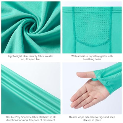 BASSDASH Youth UPF 50+ Hooded Shirts with Mask UV Neck Gaiter Sun Protection Long Sleeve T Shirt for Fishing Swim - color: Aqua Green, size: Small