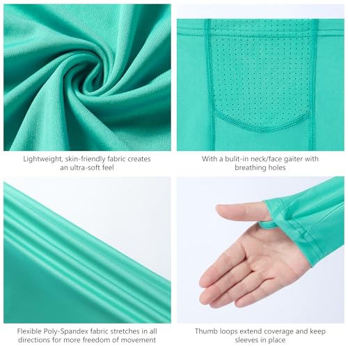 BASSDASH Youth UPF 50+ Hooded Shirts with Mask UV Neck Gaiter Sun Protection Long Sleeve T Shirt for Fishing Swim - color: Aqua Green, size: X-Large