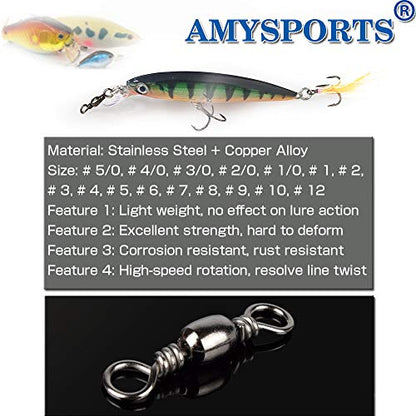 AMYSPORTS High Strength Fishing Swivels Barrel Solid Ring Barrel Fishing Swivel Rolling Fishing Tackle Line Connector Saltwater Freshwater Stainless Steel Accessories - size: Size6 (60lb) 50 pcs