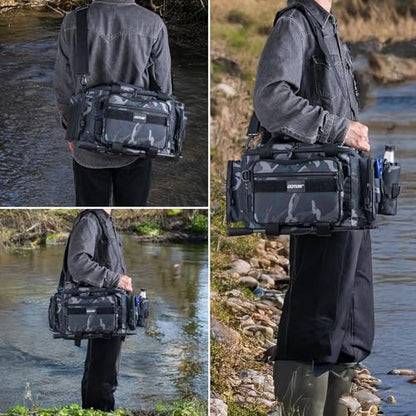 Goture Fishing Tackle Bag,Store Up to 4PCS 3700 Tackle Boxes(Not Included),600D Soft Side Water-Resistant Saltwater Gear Storage Fishing Bag with Rod Straps,Detachable Water Bottle Pouch,SBS Zippers - color: A3:Camo(Without Trays-17.72"x11.81"x9.45"), siz