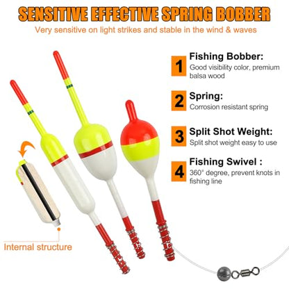Fishing Bobber Floats Kit 96pcs Slip Bobbers Rig Kit Spring Oval Stick Fishing Floats and Bobbers Fishing Swivels Split Shot Weights for Crappie Catfish Trout Bass Fishing