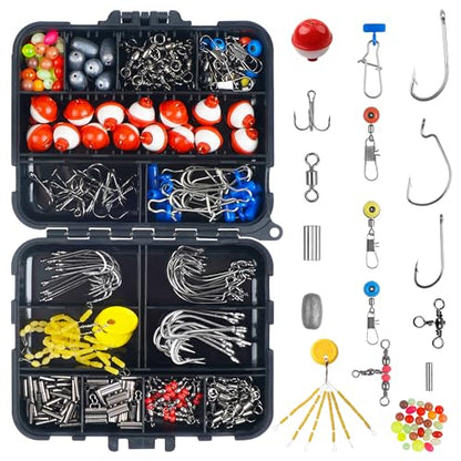 Fishing Tackle Kit,286pcs Fishing Hook Bobber Box Kit with Fishing Bobbers,Various Fish Hooks,Weights,Swivel Snaps,Brass Sleeves,Sinker Slides Starter Kit for Artificial and Live Baits Trout Panfish