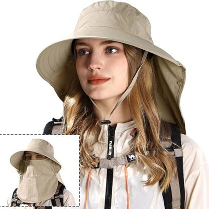 Rosoz Sun Hat for Men Women with Neck Flap,Wide Brim UPF50+ Fishing Hat with Detachable Face Cover Outdoor Sun Protection Hat - color: 1pack-khaki/Arm Sleeves