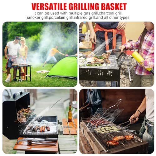 Grill Baskets Fish Grilling Basket for Outdoor Grilling Barbecue Stainless Steel Folding Grill Accessories with Removable Handle, Grill Basket for Bar, Camping, Picnics & Parties. Amazing Grill