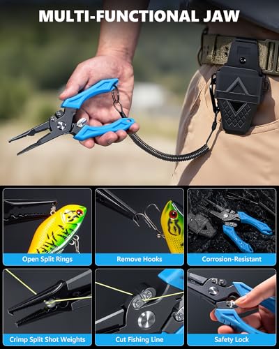 Fishing Tool Kit, Fishing Gear - Fishing Plier with Sheath, Fillet Knife, Fishing Scissors, Fish Lip Gripper, Tool Retractor, Keychain Bottle Opener, Fishing Gifts for Men - color: Blue-3pcs
