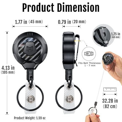 MNGARISTA Upgraded Heavy Duty Retractable Keychain with Belt Clip, 10 OZ Retraction, 31.5" Stainless Steel Cord Key Chain, 3K Carbon Fiber ID Badge Reel Holder with Badge Strap and Key Ring, 2 Pack - color: Black Keychain 2 Pcs