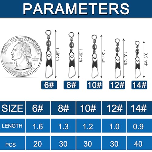 150pcs Fishing Swivels Snaps Kit, Barrel Swivels Fishing Tackle with Stainless Steel Safety Snaps, High Strength Fish Leader Line Connect for Saltwater Freshwater