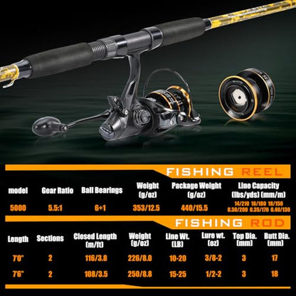 Sougayilang Spinning Rod Combo - MH Action Fishing Pole with Bait Feeder Reel for Catfish, Salmon, Steelhead Freshwater Saltwater Fishing- 7'0"/7'6" - size: 7'0"