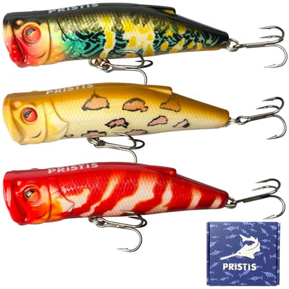 Pristis 3 pcs Topwater Fishing Plopper Lures, Floating Popper Bait Set with Chemically Sharpened Hooks for Saltwater Freshwater, Top Water Plopping Swimbait Teaser for Bass Tuna Perch Pike Crappie - color: Artistic Topwater Poppers