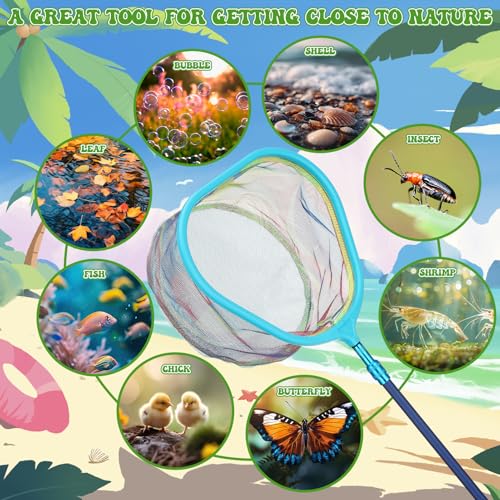 2 Pack Telescopic Kids Fishing Net with Handle, 2 Collapsible Bucket Sand Pail, Stainless Steel Foldable Fishing Net Small Fishing Butterfly Bug Net Beach Shovel with Storage Bag - color: Blue Yellow Green