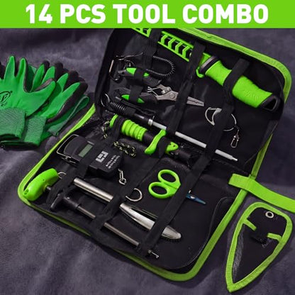 RoundFunny 14 Pcs Fishing Tool Kit, Fillet Knife, Fishing Pliers with Lanyard, Digital Scale, Lip Gripper, Hook Remover Fish Scaler Braid Scissors Gloves Sharpening Rod Retractor Towel Bag - color: Green, style: B