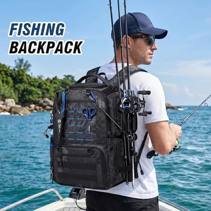 Fishing Tackle Backpack with Tackle Boxes, Two Rod Holders, Bottle Holder, 50L Waterproof Tackle Bag for Fishing Gear, Fish Gifts for Men, Black Camo (4 Tackle Boxes Included - color: Black Camo（4 Tackle Boxes Included）