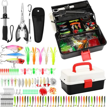 RoundFunny 3 Layers Fishing Tackle Box 414 Pcs Fishing Gift Lures Gear Kit with Tackle Included Pliers Lip Gripper Bait Hook Accessories for Beginner Fisherman Women Men, Fit Bass Trout - color: Black