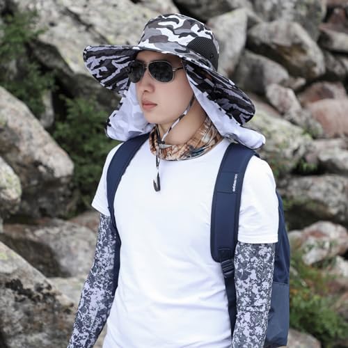 Sun Hat Unisex Face Coverage Shield Neck Flap Cap Garden Lawn Work Sports Hiking Fishing Hats - color: Camou Gray