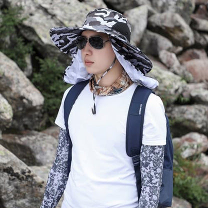 Sun Hat Unisex Face Coverage Shield Neck Flap Cap Garden Lawn Work Sports Hiking Fishing Hats - color: Camou Gray
