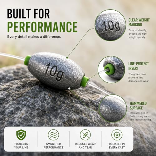 Egg Sinkers Fishing Weights with Plastic Core, Oval Lead Slip Sinker Set for Bass Catfish Saltwater Freshwater, Line Protecting Sliding Weights Tackle Kit (7g 10g 15g 20g) - size: 10g-15 pcs