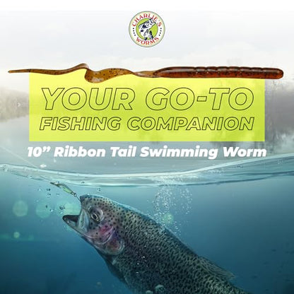 Charlie's Worms 10" Ribbon Tail Soft Plastic Worms for Bass Fishing, Freshwater & Saltwater Lures, Scented Swim Bait, Texas Rigged, Weedless, Large & Smallmouth, White Firetail, 6-Pack - color: Black Green Red Glitter