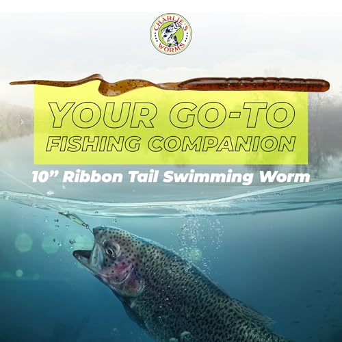 Charlie's Worms 10" Ribbon Tail Soft Plastic Worms for Bass Fishing, Freshwater & Saltwater Lures, Scented Swim Bait, Texas Rigged, Weedless, Large & Smallmouth, White Firetail, 6-Pack - color: Black Moccasin