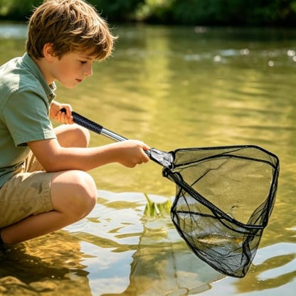 New Model Fishing Net, Foldable Landing Net with Deep Mesh Basket, Portable Fish Landing Net - color: Black