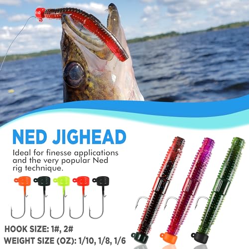 PLUSINNO Wacky Worm Fishing Lure Kit, Soft Plastic Fishing Lures, Grub Baits Hook Wacky Rig Bass Trout Fishing Worms Lures w/Tackle Box - color: 65PCS Stick Worms Ned Rig Kit