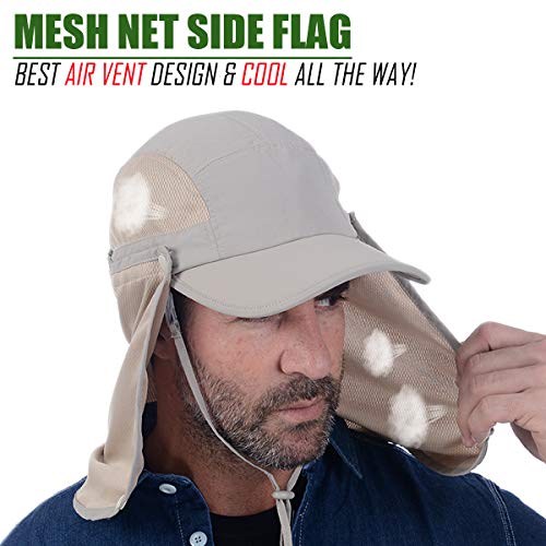 USHAKE Sun Cap Fishing Hat Baseball Cap with Face Neck Cover Flap - color: Khaki-1