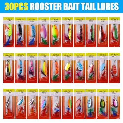 Rooster Bait Tail Spinner Fishing Lures Kit,30pcs Metal Spoon Lures with Feathered Treble Hooks for Bass Walleye Trout Freshwater Saltwater