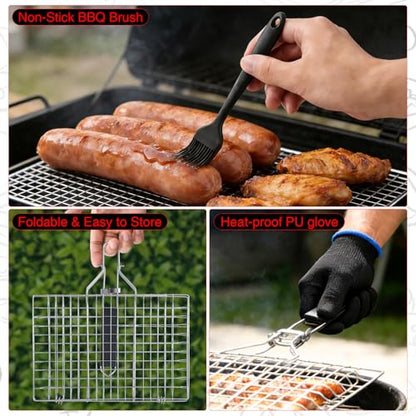 Grill Basket Set – Stainless Steel Folding BBQ Basket with Basting Brush & Heat-Resistant Gloves, Portable Outdoor Rack for Fish, Vegetables, Shrimp, Gift for Dad, Husband, Friends