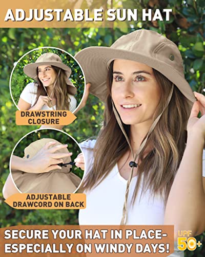 Tirrinia Wide Brim Sun Hat with Neck Flap for Men & Women, Breathable Hiking Fishing Safari Hat, Outdoor UV Protection Cap - color: # Khaki