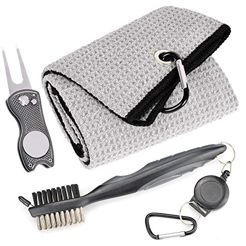 Mile High Life Microfiber Waffle Pattern Golf Towel | Club Groove Cleaner Brush | Foldable Divot Tool with Magnetic Ball Marker (Gray Towel/Brush/Fish Divot) - color: Gray Towel/Brush/Fish Divot