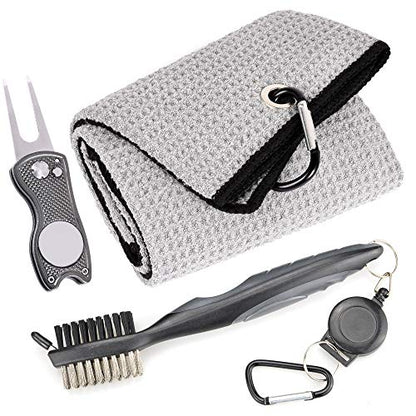 Mile High Life Microfiber Waffle Pattern Golf Towel | Club Groove Cleaner Brush | Foldable Divot Tool with Magnetic Ball Marker (Gray Towel/Brush/Fish Divot) - color: Gray Towel/Brush/Fish Divot