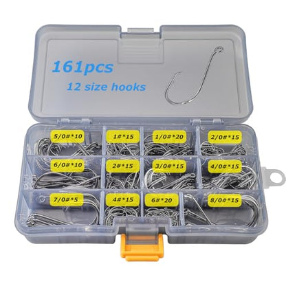 Fishing Hooks Set High Carbon Steel Catfish Bulk Strong Circle Fishing Hooks Mixed Size for Saltwater Freshwater 161PCS