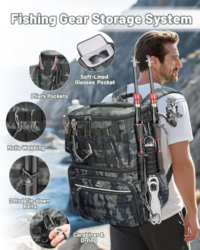 MATEIN Fishing Backpack with 4 Tackle Boxes, Fishing Bag with Rod Holder | 3600 Tackle Box 4 Pack, Water Resistant Tackle Backpack with Cooler Compartment, Safety Compass, Gifts for Fishermen - color: Camouflage