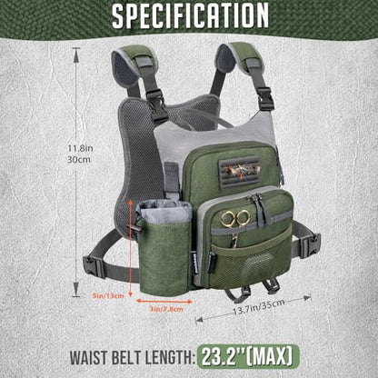 QulayQualy Fly Fishing Pack - Chest Pack with Work Station Lightweight Tackle Fishing Bag with Quick-Release (Green, L-12'' w/Cup Sleeve) - color: Green, size: L-12''