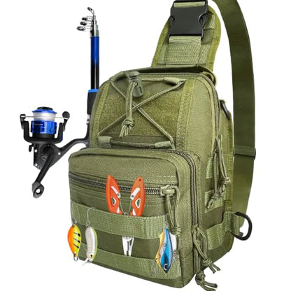 Kynzo Fishing Sling Backpack with Rod Holder, Water-Resistant Fishing Tackle Bag, Durable Shoulder Crossbody Pack for Freshwater Saltwater Fishing (B-Green) - color: B-Green